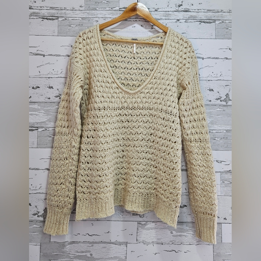 Free People‎ Chunky Knit Crochet Sweater Xsmall Ivory Scoop Neck Oversized